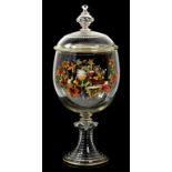 A GERMAN GLASS PUNCH BOWL AND COVER OF ROEMER DESIGN, PRINTED AND PAINTED WITH FRUIT, 51CM H,