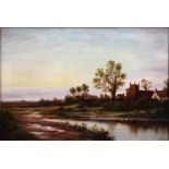 J. BURTON - VILLAGE SCENE AT SUNSET IN THE MANNER OF B.W. LEADER, SIGNED, OIL ON CANVAS, 39CM X