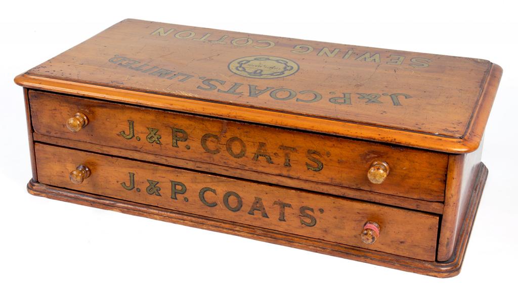 A J & P COTES LTD SEWING COTTON TWO DRAWER SOFTWOOD SHOP CHEST, GILT LETTERED, 54CM W, EARLY 20TH