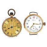 A SWISS GOLD KEYLESS CYLINDER FOB WATCH, MARKED 9K AND A WALTHAM GOLD PLATED WRISTWATCH