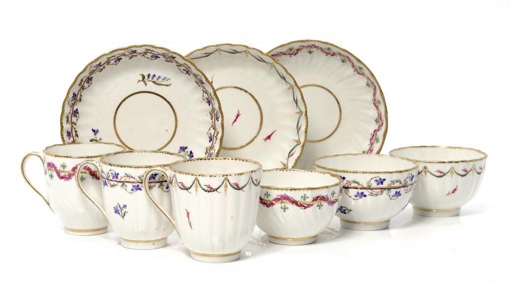 THREE DERBY FLUTED OR MOULDED TRIOS, C1795-1800 saucers 13-13.5cm diam, puce mark and 141, 321 or