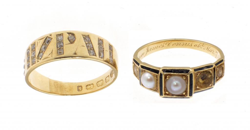 A VICTORIAN DIAMOND MIZPAH RING AND A GOLD AND ENAMEL MOURNING RING the first Birmingham 1884, the
