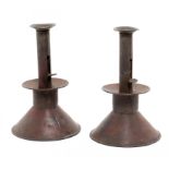 A PAIR OF AESTHETIC MOVEMENT RED PAINTED TINPLATE CANDLESTICKS 22cm h, c1880 ++Paint worn, minor