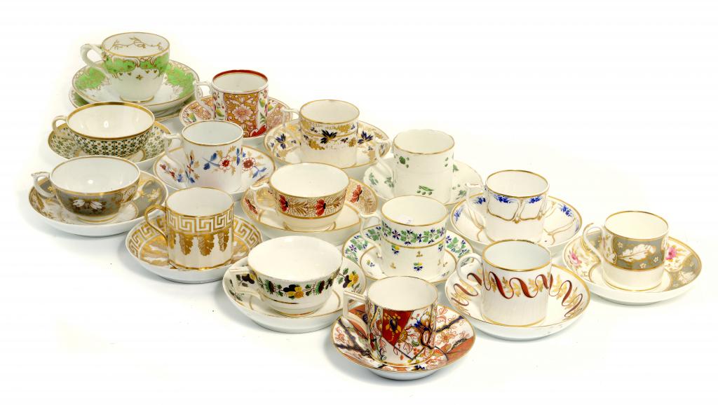 A STUDY COLLECTION OF DERBY TEA AND COFFEE CUPS AND SAUCERS, C1805-30 red painted or printed