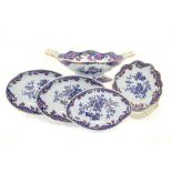 A SPODE BLUE PRINTED EARTHENWARE SHELL HANDLED COMPORT, ONE AND A PAIR OF DESSERT DISHES AND A