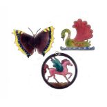 TWO ARTS & CRAFTS ENAMEL COPPER BROOCHES AND A PENDANT, EARLY 20TH C butterfly 6.5cm w ++Neck of