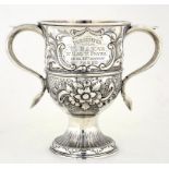 A GEORGE III SILVER TWO HANDLED CUP, LATER CHASED, 15CM H, LONDON 1774, 12OZS 10DWTS