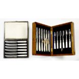 A SET OF SIX EDWARDIAN MOTHER OF PEARL HAFTED EPNS FRUIT KNIVES AND FORKS, OAK CASE AND A SET OF SIX