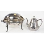 AN EDWARDIAN EPNS OVAL BREAKFAST DISH, WITH LINER AND STRAINER, CRESTED AND A VICTORIAN EPNS TEAPOT,