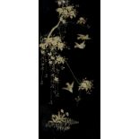 A PAIR OF JAPANESE SILK EMBROIDERED PANELS OF BIRDS, WISTERIA AND BLOSSOM ON A BLACK GROUND, 130CM X