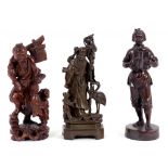 TWO JAPANESE CARVED WOOD FIGURES, 26CM AND 28CM H AND ANOTHER ITEM