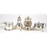 A GEORGE V SILVER MUSTARD POT WITH GADROONED RIM, ON THREE FEET, 5CM H, LONDON 1935, ANOTHER