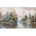 FREDERICK WILLIAM HAYES - RIVER SCENE WITH SWANS, SIGNED, WATERCOLOUR, 29CM X 48.5CM