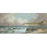 ATTRIBUTED TO E. NEVIL - THE HARBOUR MOUTH, SIGNED, WATERCOLOUR, 19.5CM X 44.5CM