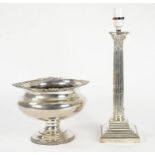 A W.M.F EPNS ROSE BOWL WITH GADROONED RIMS, 18CM H AND AN EPNS COLUMNAR CANDLESTICK, ON STEPPED