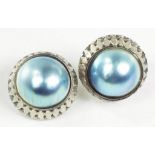 A PAIR OF HEMISPHERICAL LIGHT BLUE-GREY BLISTER PEARL EARRINGS, MOUNTED IN WHITE GOLD, CLIP