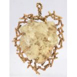 A MODERNIST QUARTZ CRYSTAL AND 9CT GOLD BARK TEXTURED BROOCH-PENDANT, INDISTINCT MAKER'S MARK,