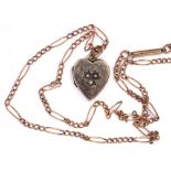 A GOLD HEART SHAPED LOCKET, THE LID SET WITH THREE SPLIT PEARLS, ON A GOLD NECKLET, 5.8G GROSS