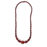 A NECKLACE OF CHERRY AMBER BEADS, 48G