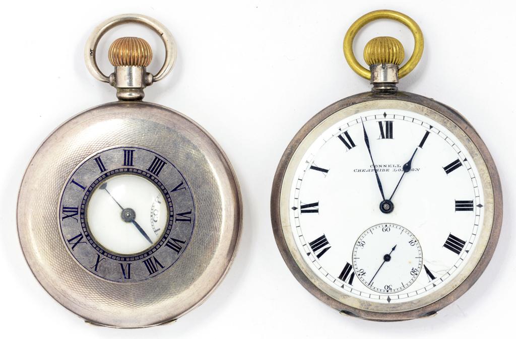 A SWISS SILVER HALF HUNTING CASED KEYLESS LEVER WATCH, BIRMINGHAM 1922 AND A CONTEMPORARY SILVER