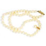 A CULTURED PEARL SINGLE ROW NECKLACE WITH GOLD CLASP, MARKED 9CT