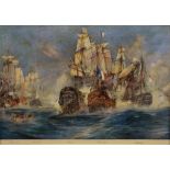 A COLOUR PRINT OF THE BATTLE OF TRAFALGAR AFTER CHARLES DIXON, 39CM X 56CM, OAK FRAME