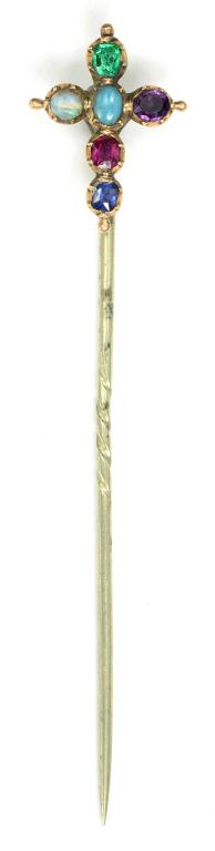 A VICTORIAN 'REGARD' TYPE GEM SET STICK PIN WITH CRUCIFORM TERMINAL, BASE METAL PIN