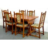 AN OAK DRAW LEAF DINING TABLE AND A SET OF SIX CHAIRS, TABLE 145CM X 90CM AND AN OAK DRESSER,