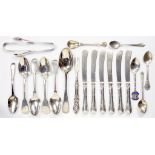 MISCELLANEOUS ENGLISH SILVER FLATWARE, INCLUDING A SET OF SILVER HAFTED TEA KNIVES, VARIOUS MAKERS