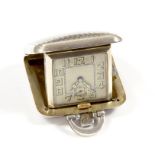 A SILVER CUSHION SHAPED TRAVELLING TIMEPIECE, 3.5CM W, BIRMINGHAM 1942