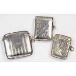 THREE LATE VICTORIAN OR EARLY 20TH CENTURY SILVER VESTA CASES, VARIOUS SIZES, MAKERS AND DATES,