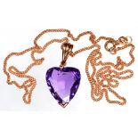 A HEART SHAPED AMETHYST, DIAMOND AND GOLD PENDANT ON 9CT GOLD NECKLET, 6.9G GROSS