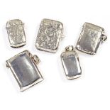 FIVE LATE VICTORIAN AND EARLY 20TH CENTURY SILVER VESTA CASES, VARIOUS SIZES, MAKERS AND DATES, 2OZS