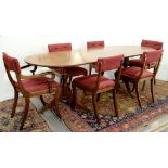 A MAHOGANY TWIN PILLAR DINING TABLE, 230CM X 90CM AND A SET OF SIX MAHOGANY DINING CHAIRS