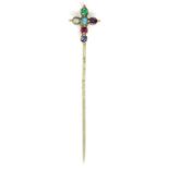 A VICTORIAN 'REGARD' TYPE GEM SET STICK PIN WITH CRUCIFORM TERMINAL, BASE METAL PIN