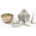 AN INDIAN SILVER GLOBULAR REPOUSSÉ BOWL AND COVER WITH ELEPHANT FINIAL, 10.5CM H, A SIMILAR BOWL,