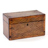 A VICTORIAN WALNUT, ROSEWOOD AND LINE INLAID TEA CADDY, 22.5CM W