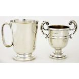 A SILVER CUP WITH FLYING SCROLL HANDLES, 10.5CM H, BIRMINGHAM 1932, 2OZS AND AN EPNS MUG