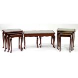 THREE CARVED MAHOGANY NESTS OF TABLES