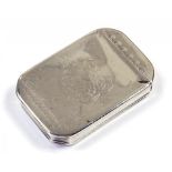 A CONTINENTAL SILVER CUT CORNERED SNUFF BOX WITH INTEGRAL HINGE TO THE LID, THE UNDERSIDE ENGRAVED