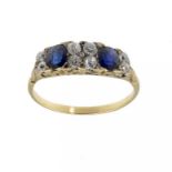 A SAPPHIRE AND DIAMOND RING with old cut round and cushion shaped diamonds and sapphires, gross