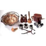 A PAIR OF VICTORIAN STEEL SUGAR CUTTERS, A VICTORIAN PLATED CAKE BASKET, TWO PAIRS OF BINOCULARS,