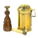 AN ENGLISH BRASS KITCHEN PEPPER, 7.5CM H, EARLY 19TH C, A VICTORIAN BRASS HAND SEAL WITH TURNED WOOD