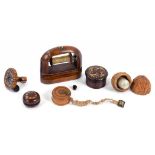 A MINIATURE VICTORIAN TUNBRIDGE WARE CHAMBER STICK, A SIMILAR TUNBRIDGE WARE AND ROSEWOOD TURNED