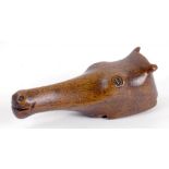 TREEN. A VICTORIAN CARVED WOOD HORSE HEAD NOVELTY SNUFF BOX WITH SLIDING COVER, 8.5CM L