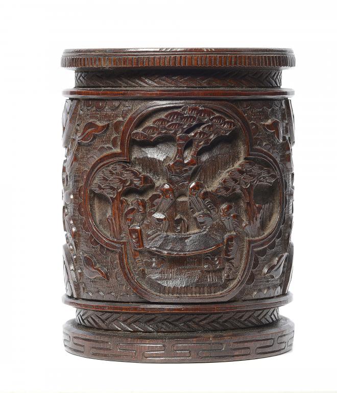 A CHINESE CARVED BAMBOO BRUSH POT covered in a dark stain, 16.5cm h ++In fine condition