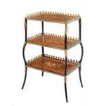 A VICTORIAN WALNUT, AMBOYNA AND EBONISED THREE TIER ÉTAGÈRE, LATE 19TH C with giltmetal mounts and