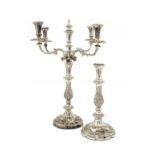 A PAIR OF SHEFFIELD PLATE CANDLESTICKS, C1840 crown mark, 35cm h and a pair of later 19th c EPNS