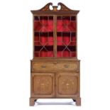 A MAHOGANY SECRETAIRE BOOKCASE, 19TH C inlaid with fruit and flowers, husks and paterae, having swan