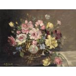 A D BELL (FL MID 20TH CENTURY) A BOWL OF ROSES signed, oil on canvas, 34 x 44cm ++In fine
